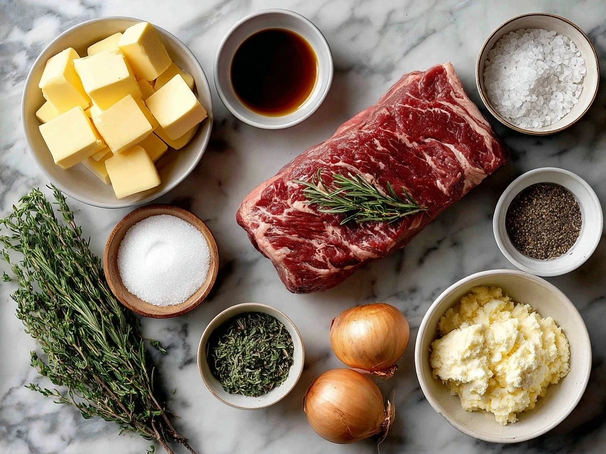 Ingredients for making Beef Wellington including beef tenderloin, mushrooms, prosciutto, and puff pastry
