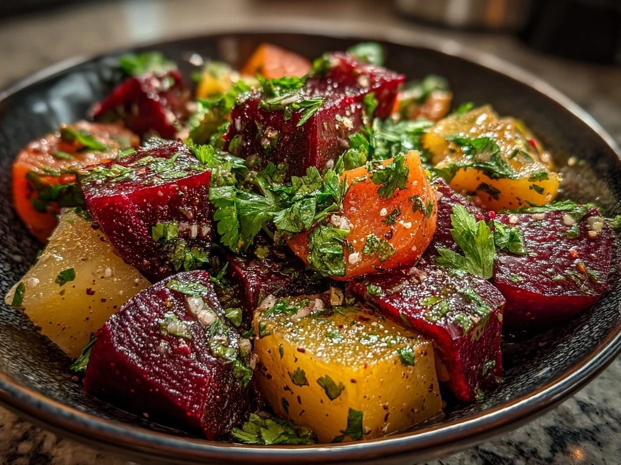 A vibrant beet salad bowl garnished with goat cheese, greens, and nuts ready to serve