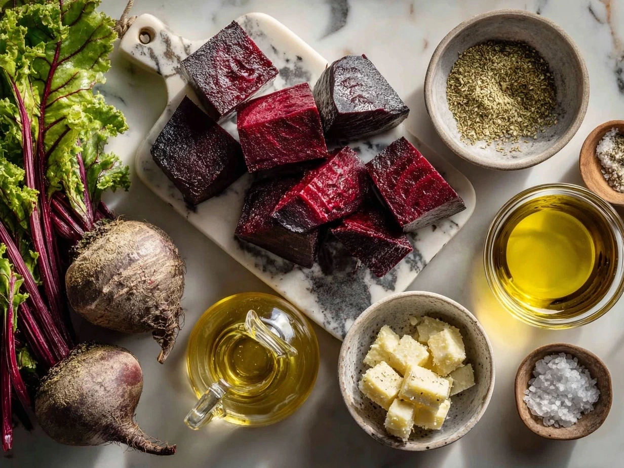 Ingredients for a vibrant beet salad including beets, goat cheese, nuts, olive oil and mixed greens