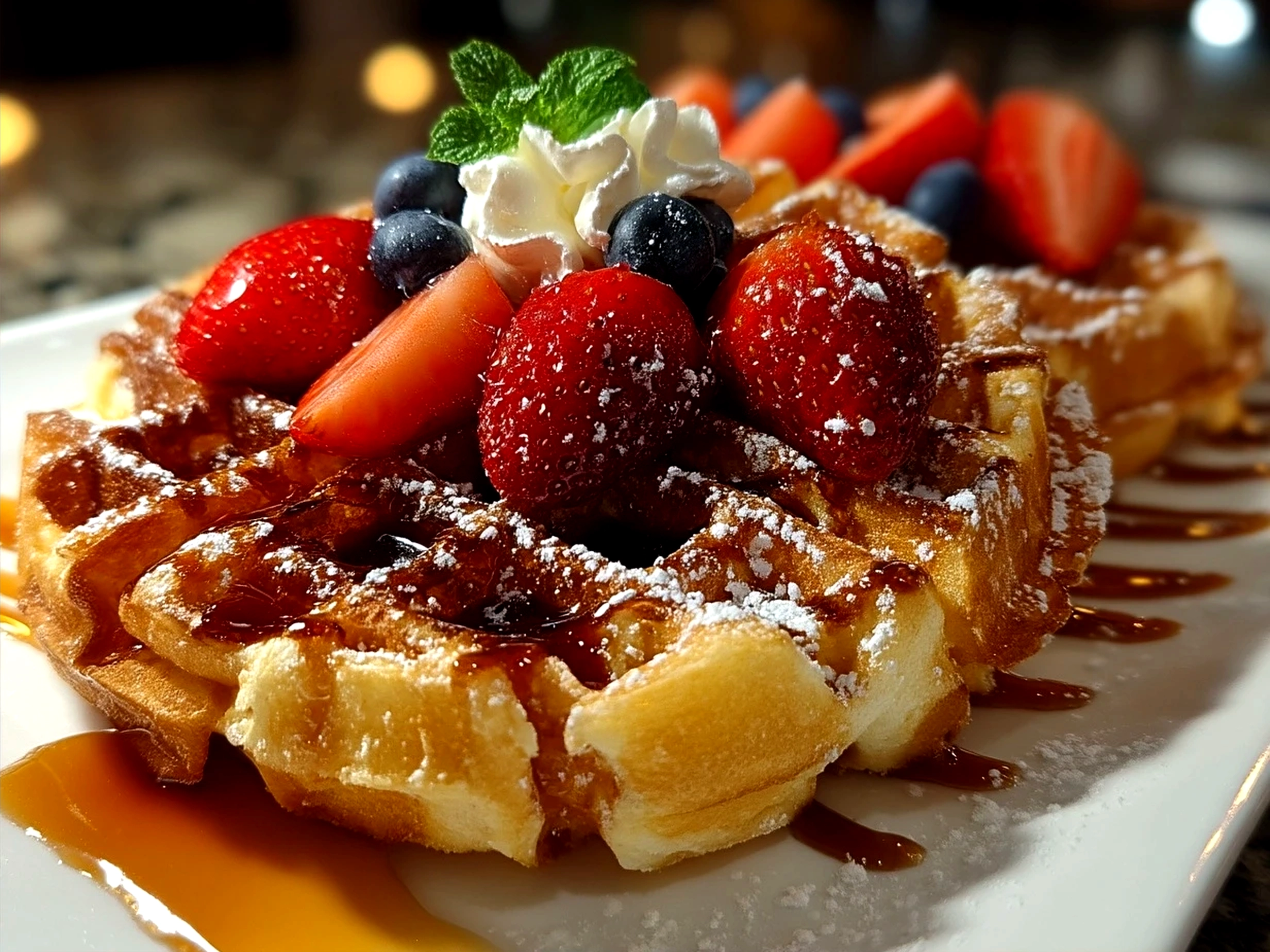 Delicious plated Belgian Waffles ready to serve