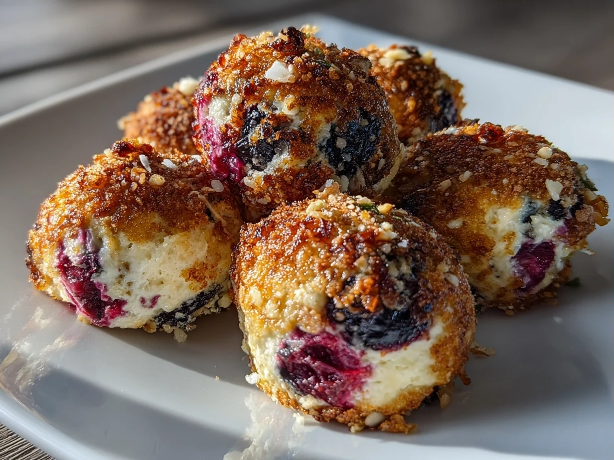 Finished Blueberry Cheesecake Protein Bites, chilled and ready to be enjoyed.