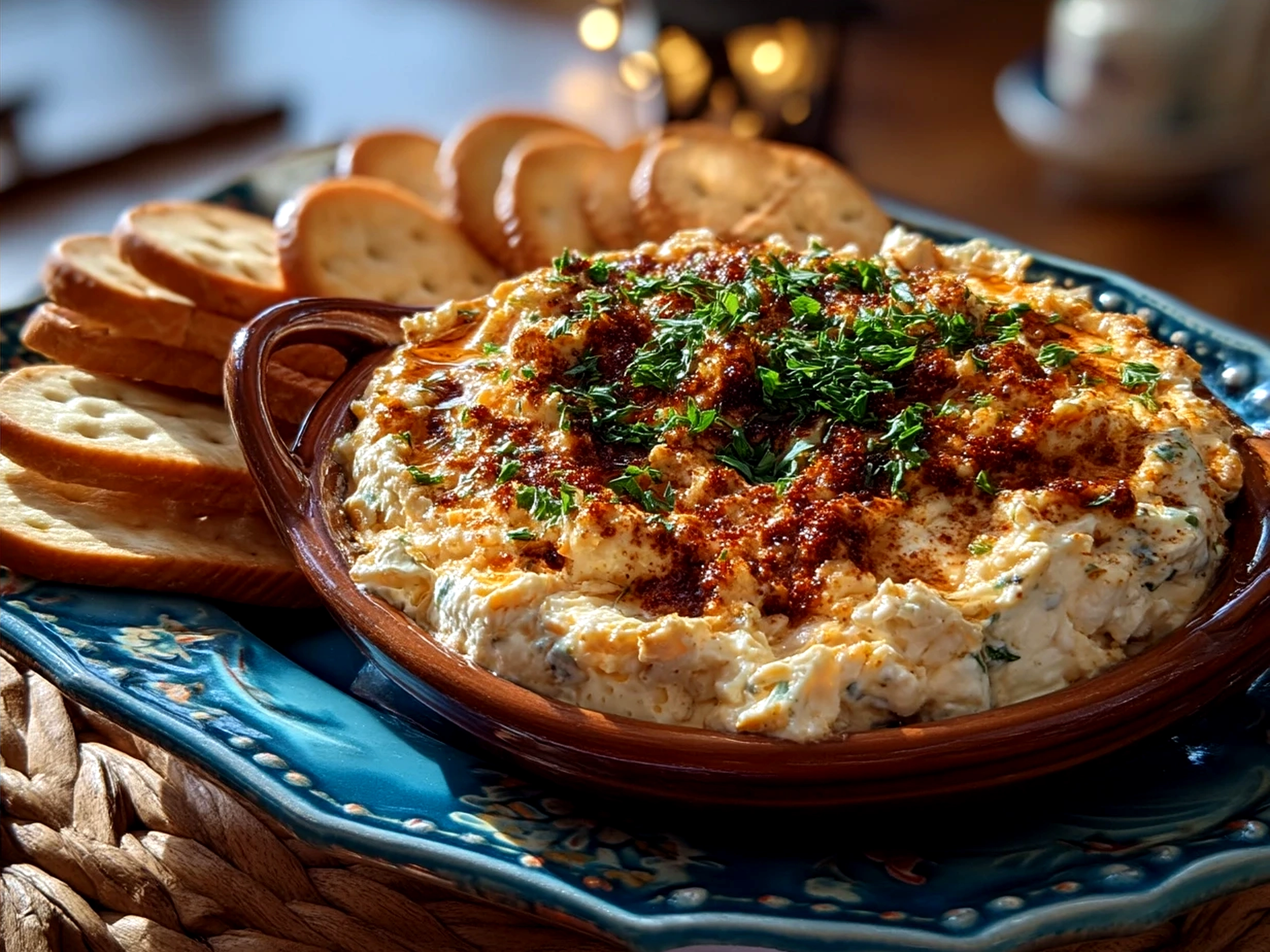 Buckeye Dip served in a glass bowl with apple slices and pretzels ready for dipping