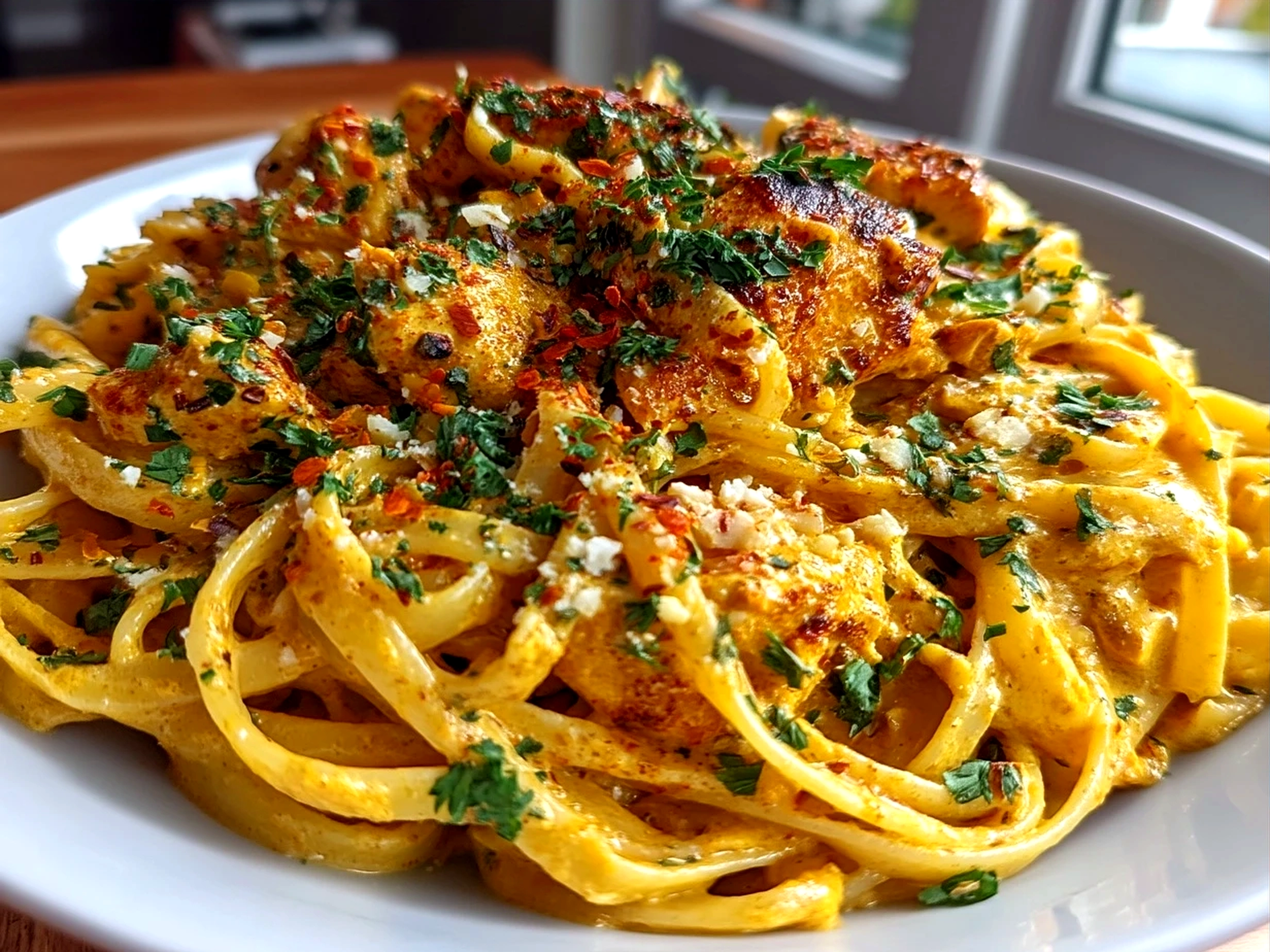 Butter Chicken Linguine plated and ready to serve