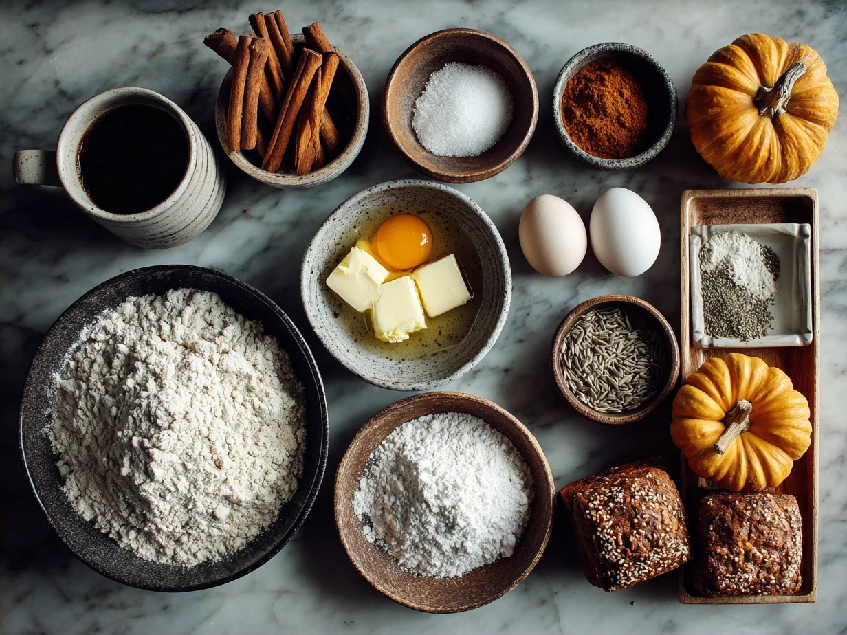 Ingredients for Butternut Squash-Apple Coffee Cake laid out on a table
