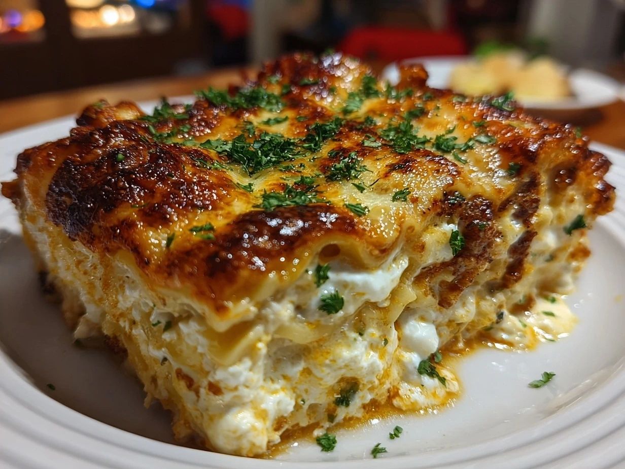 Finished Butternut Squash Lasagna fresh out of the oven with herbs and cheese
