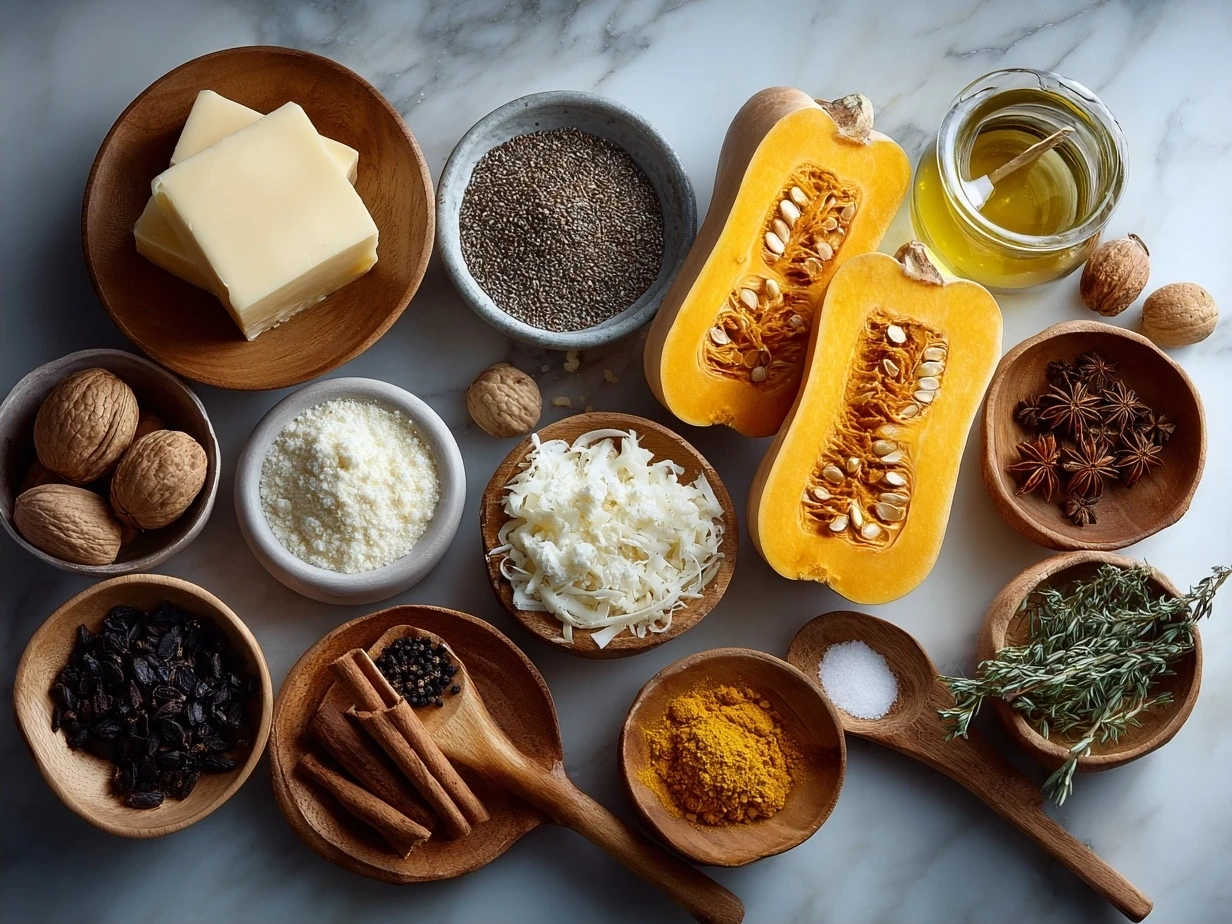 Ingredients for Butternut Squash Lasagna including squash, cheeses, noodles, and spices