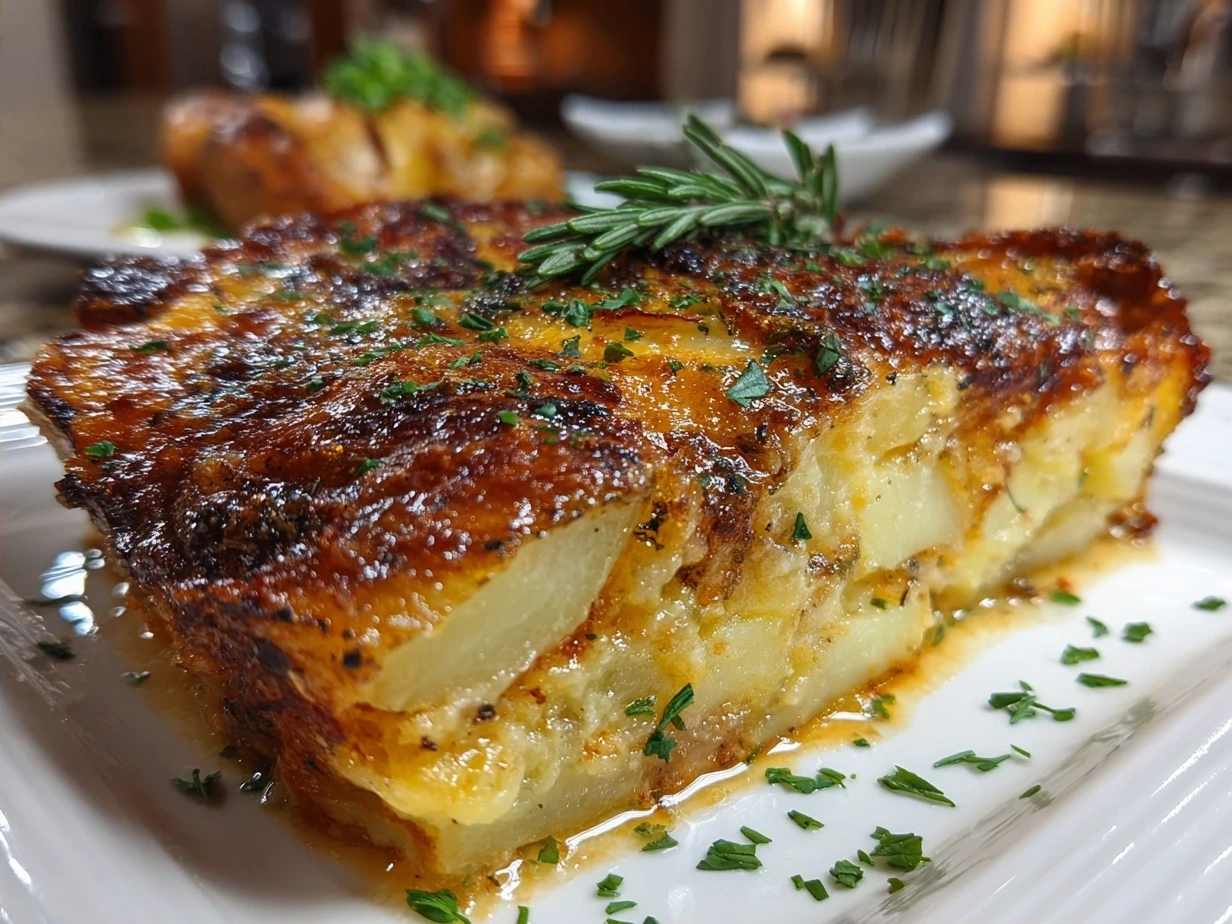 Finished Cajun Scalloped Potatoes with creamy, cheesy, spicy layers ready to serve