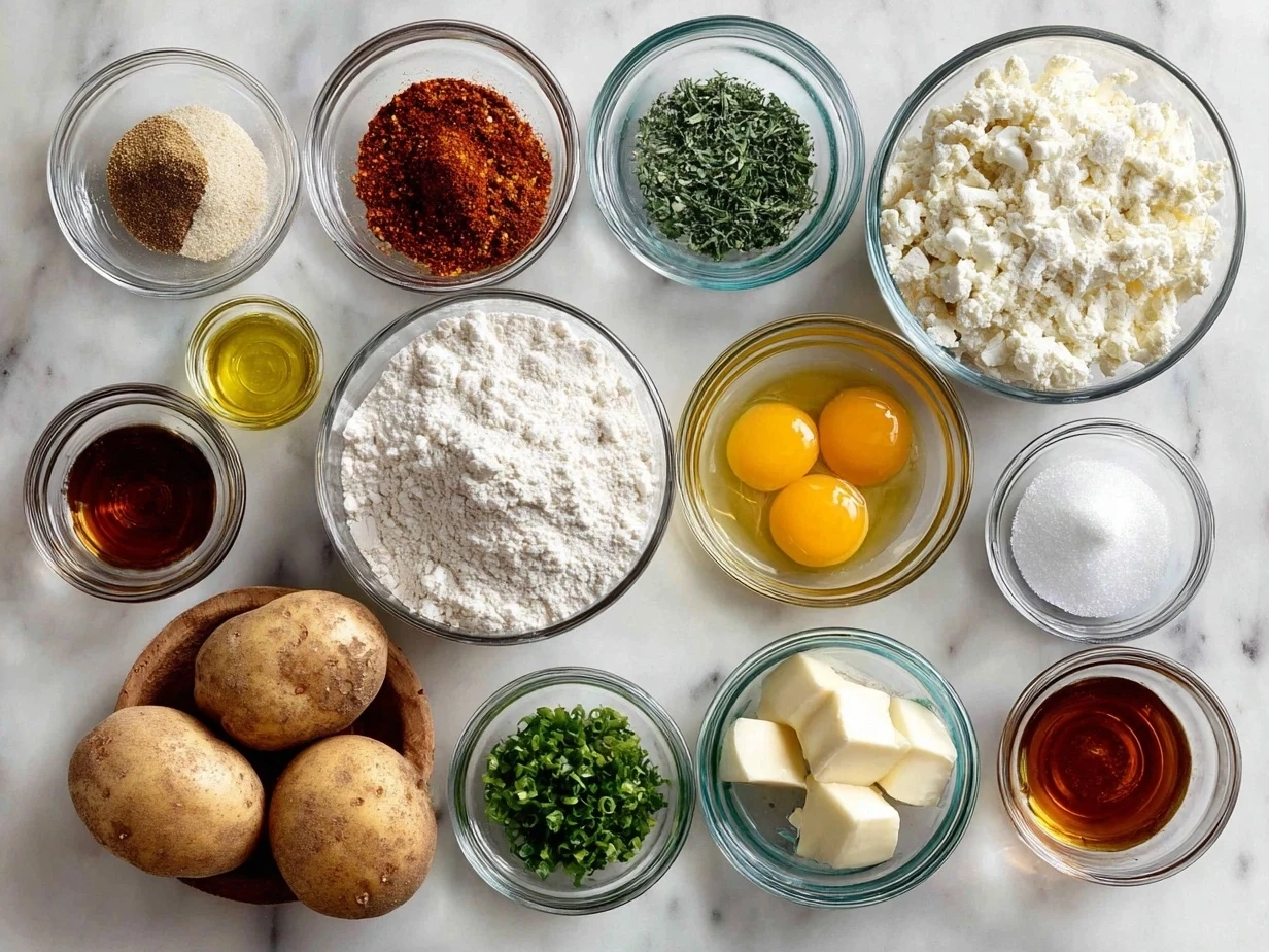 Ingredients for Cajun Scalloped Potatoes including sliced potatoes, cheeses, onions, garlic, cream, and seasoning