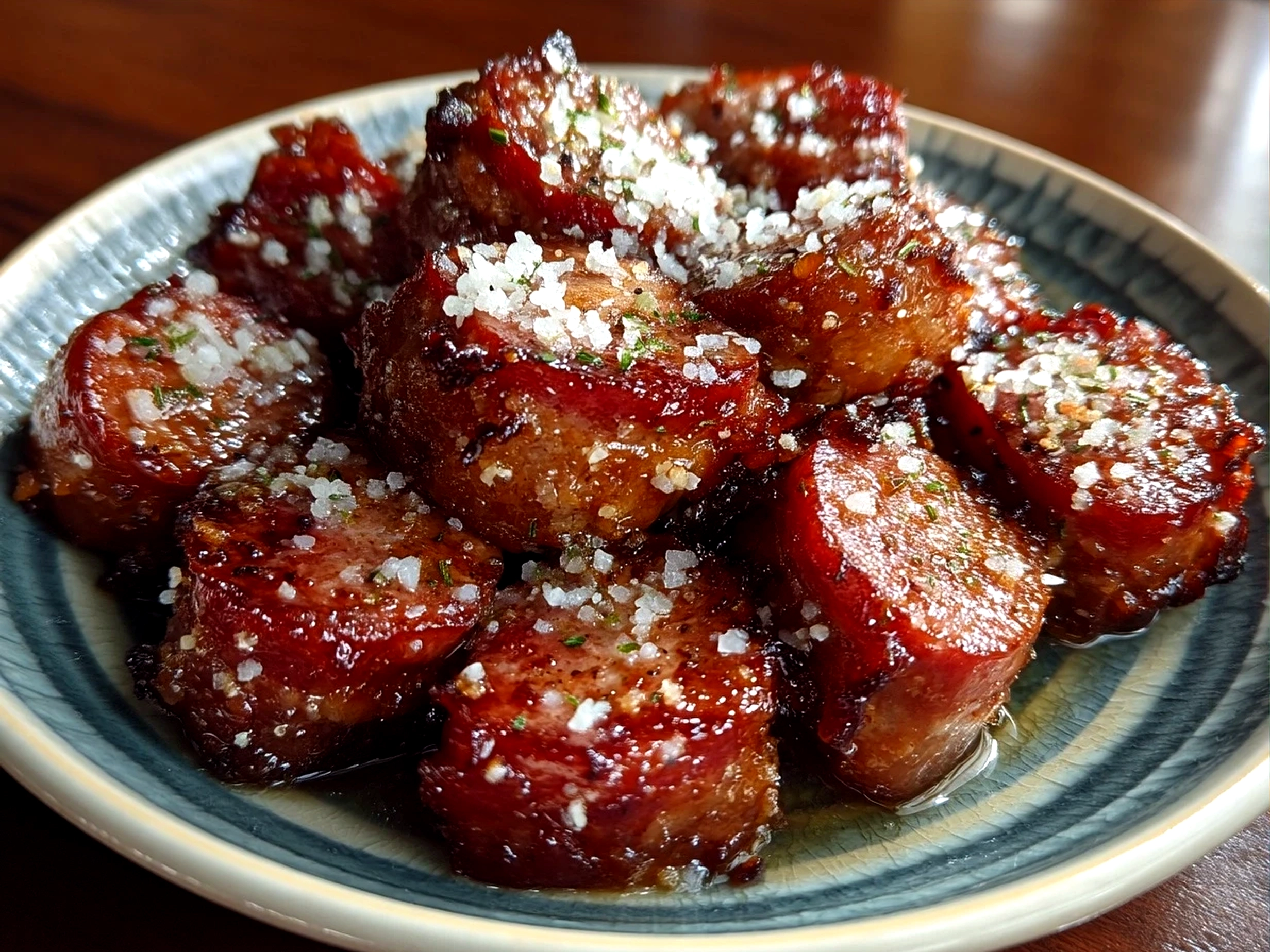 A serving platter with glazed candied kielbasa bites ready for party serving