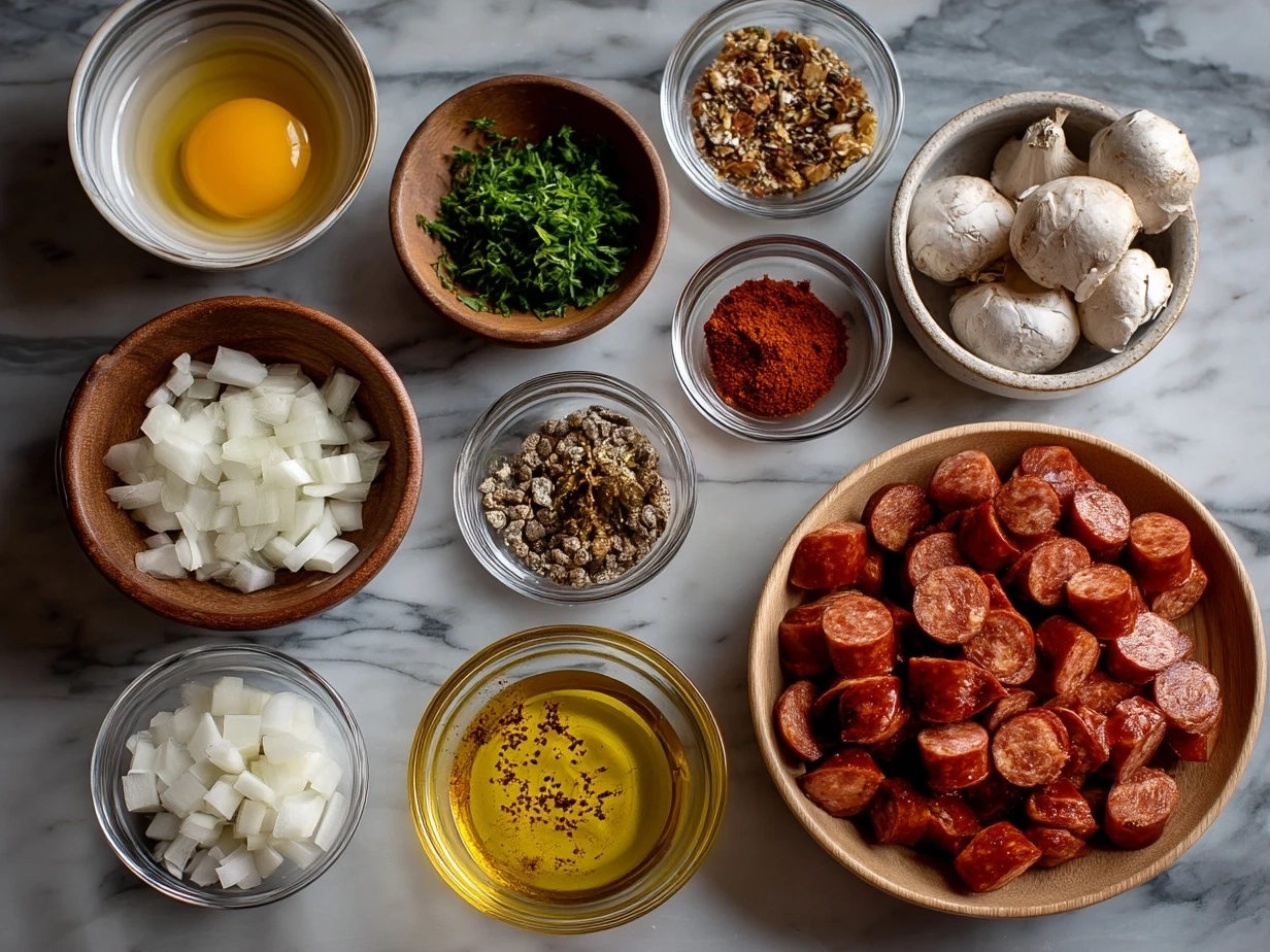 Ingredients laid out for making Candied Kielbasa Bites, including kielbasa, brown sugar, mustard and spices