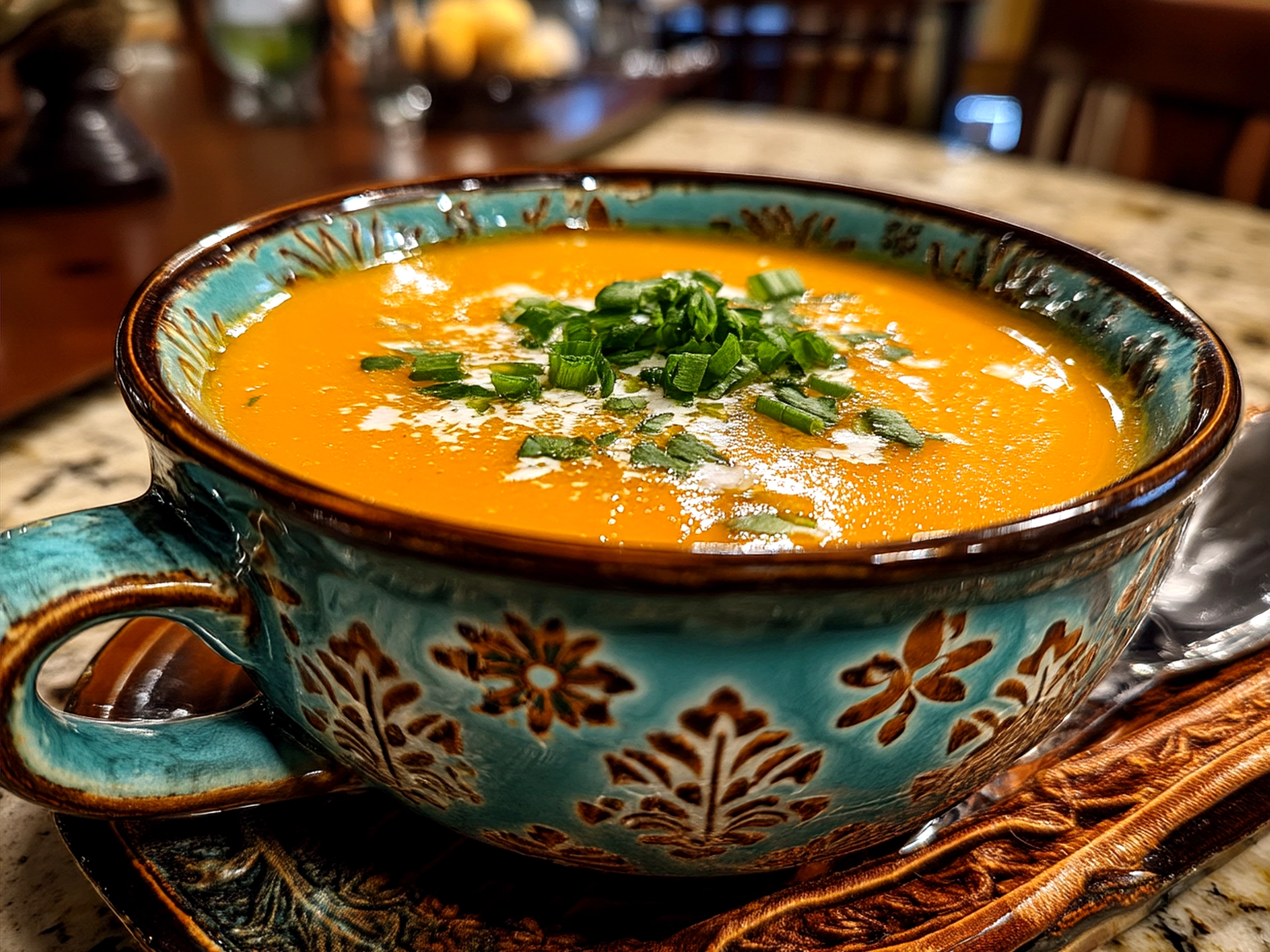 Finished creamy Carrot Ginger Soup served in a bowl with fresh herbs garnish
