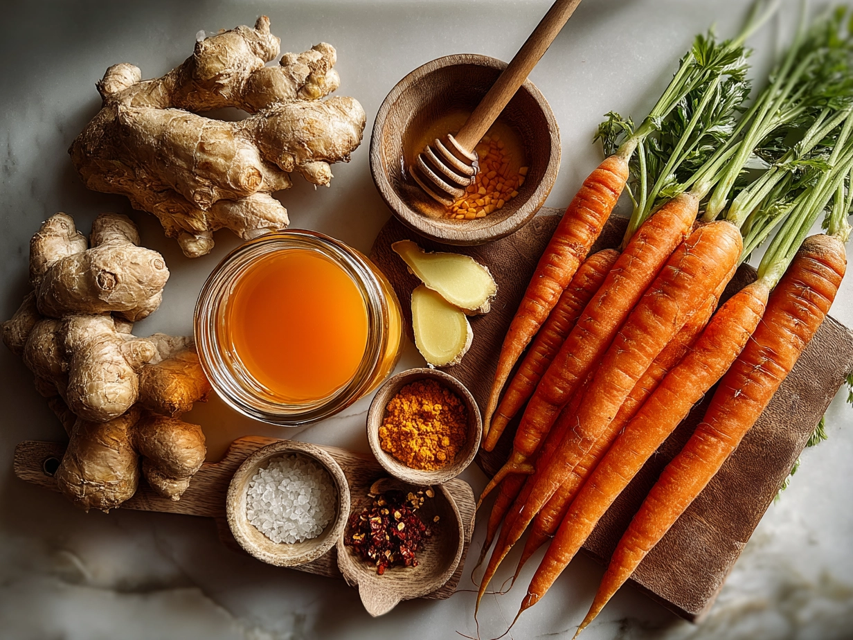 Ingredients for Carrot Ginger Soup including fresh carrots, ginger, garlic, and spices