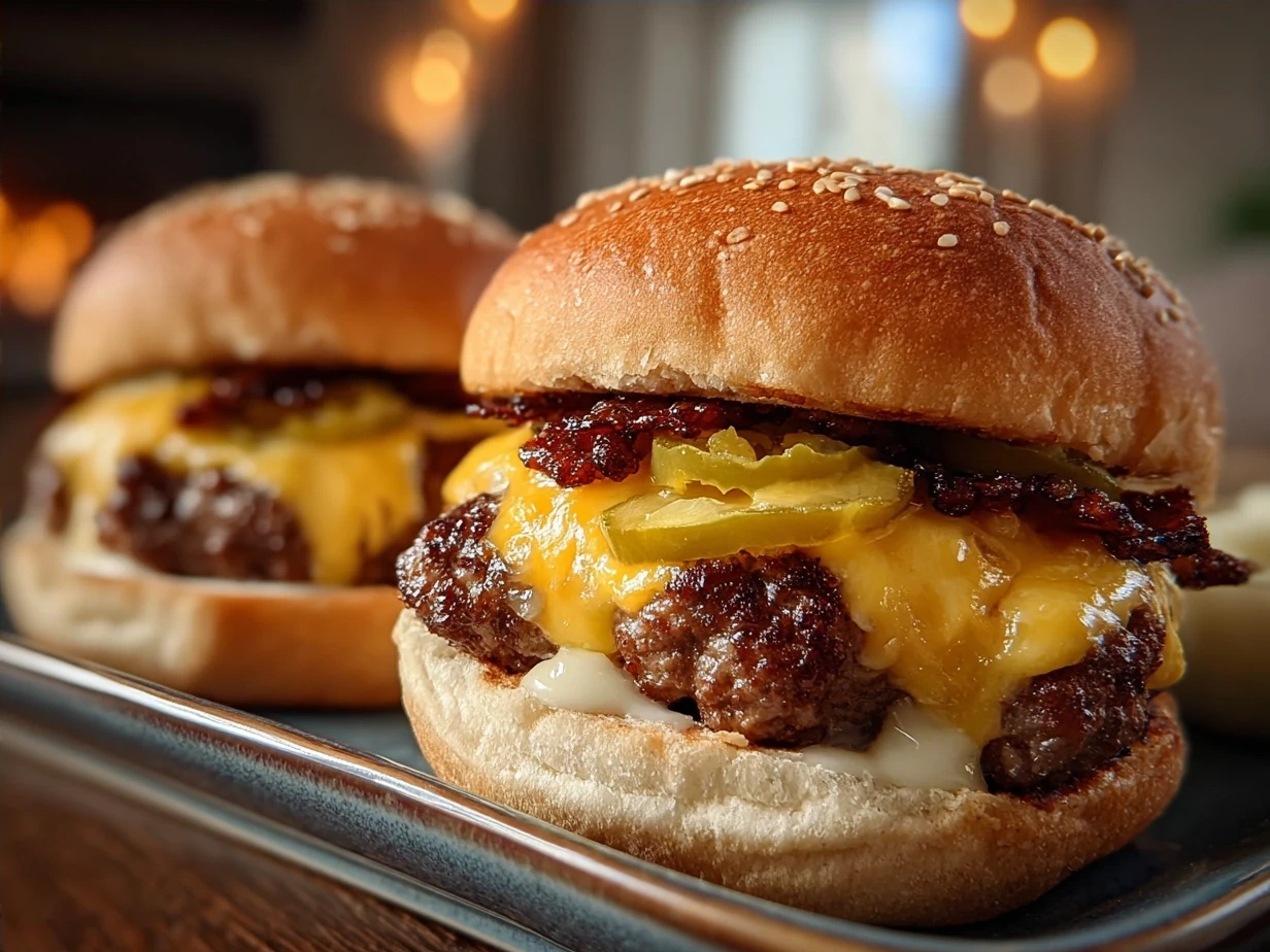 Final delicious Cheddar Jalapeño Burgers plated and ready to enjoy