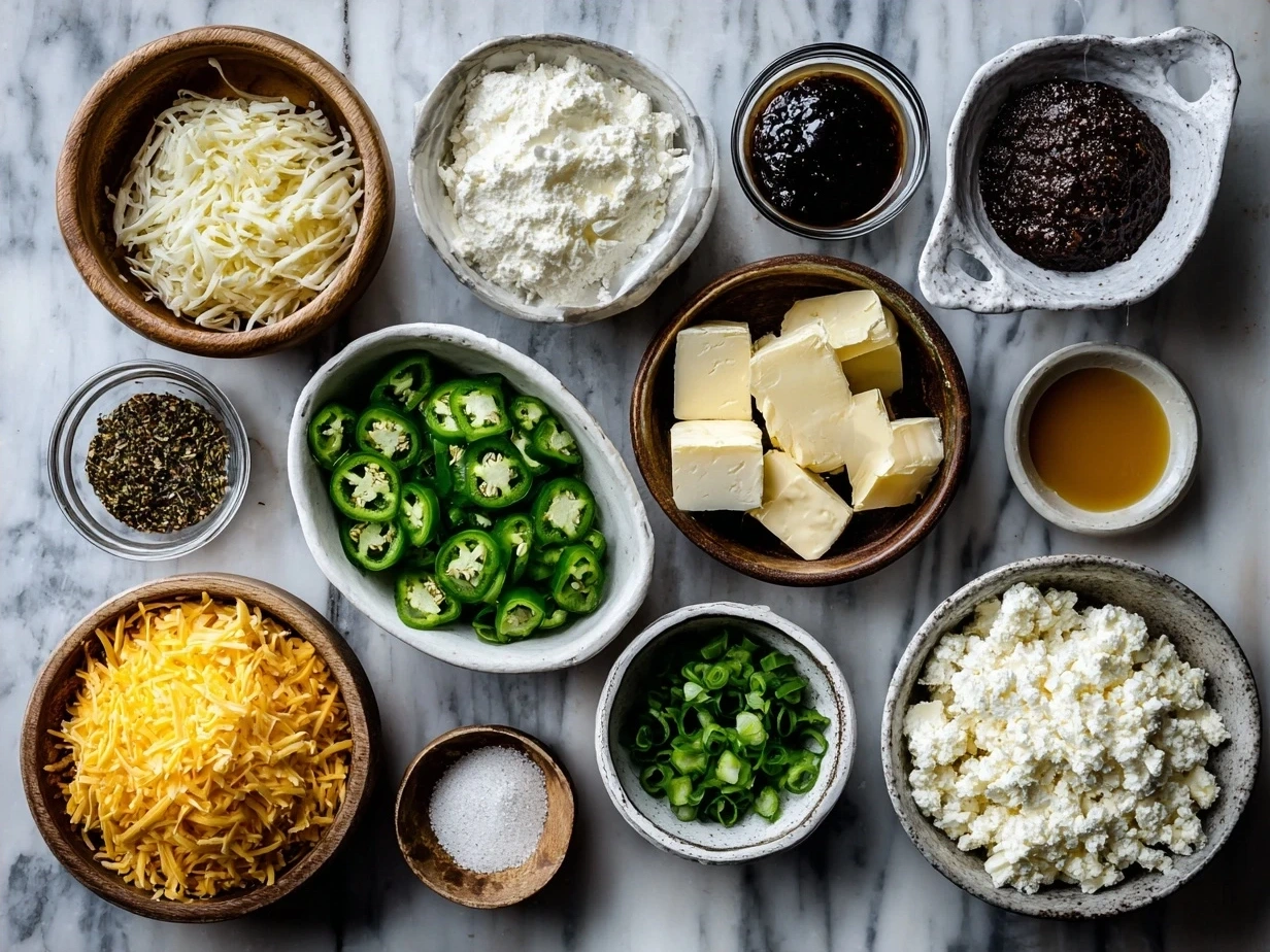 Ingredients for Cheddar Jalapeño Burgers with ground beef, cheddar, and jalapeños