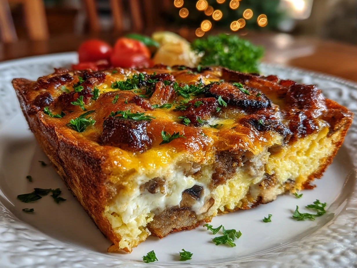 Delicious finished Cheesy Breakfast Casserole baked to golden perfection