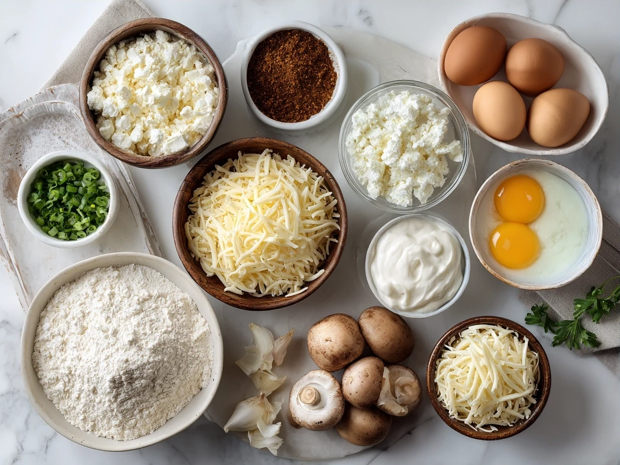Ingredients for Cheesy Breakfast Casserole laid out