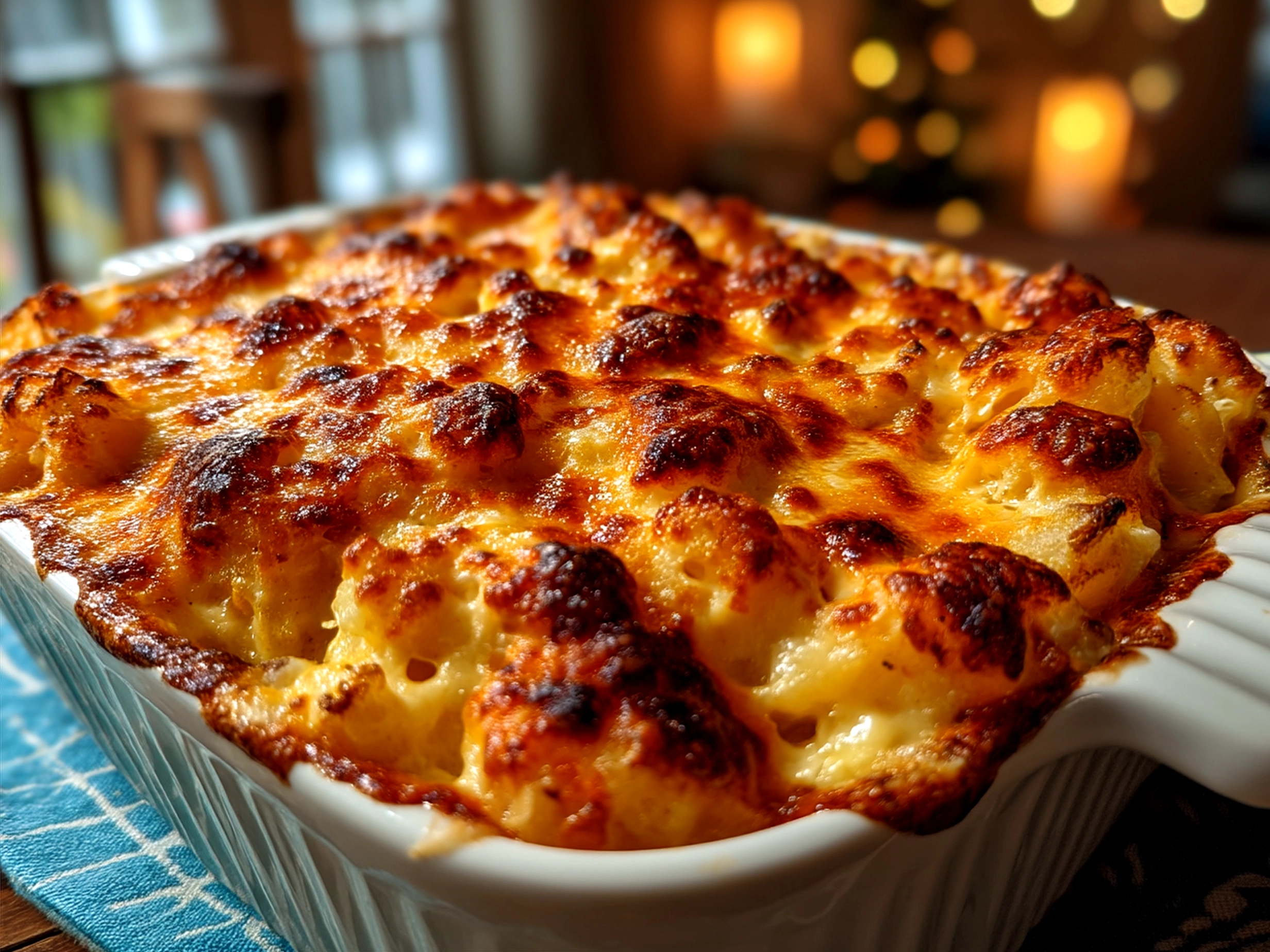 A serving of Cheesy Funeral Potatoes with golden crispy topping on a table