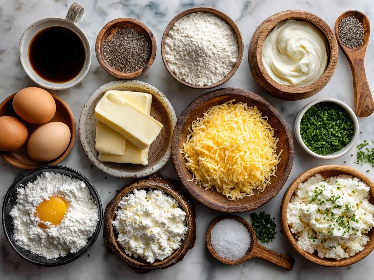 Ingredients for Cheesy Potato Skins including russet potatoes, shredded cheddar, bacon, sour cream, butter, and spices