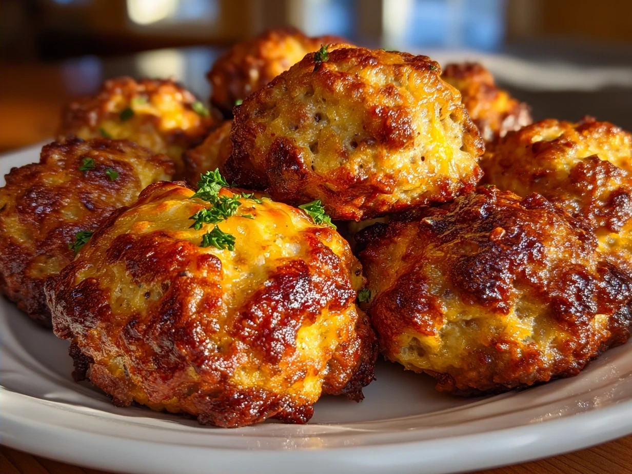 Cheesy Rotel Sausage Balls plated and ready to serve