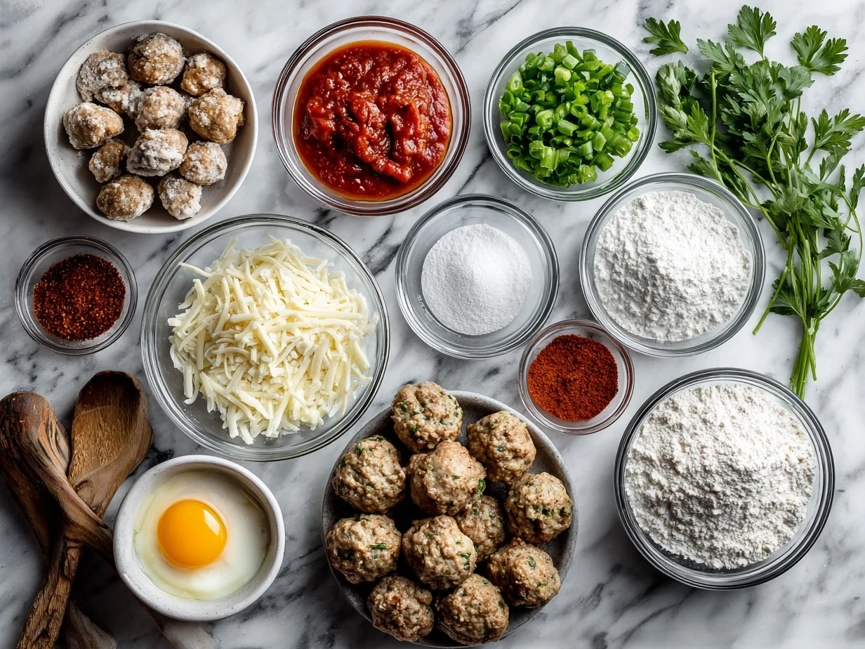 Ingredients for Cheesy Rotel Sausage Balls including sausage, Rotel, cheddar cheese, Bisquick, and garlic powder