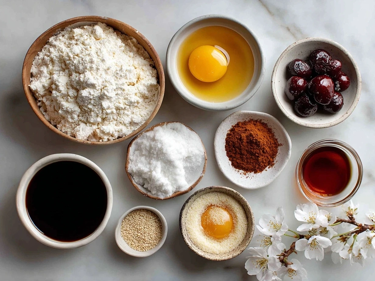 Ingredients for Cherry Blossom Cookies laid out with flour, sugar, butter, and extracts