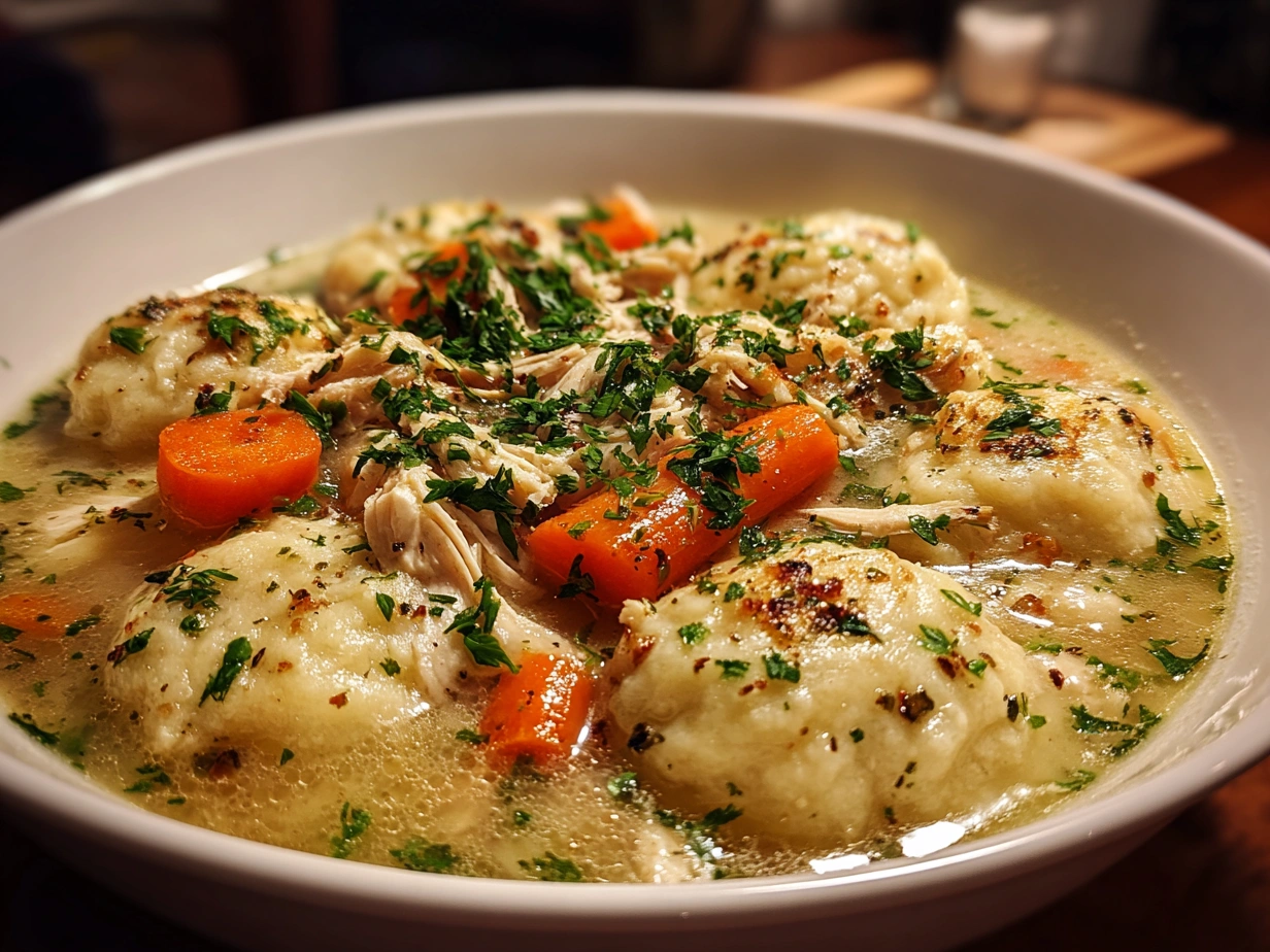 A bowl of homemade chicken and dumplings with fresh herbs served and ready to eat