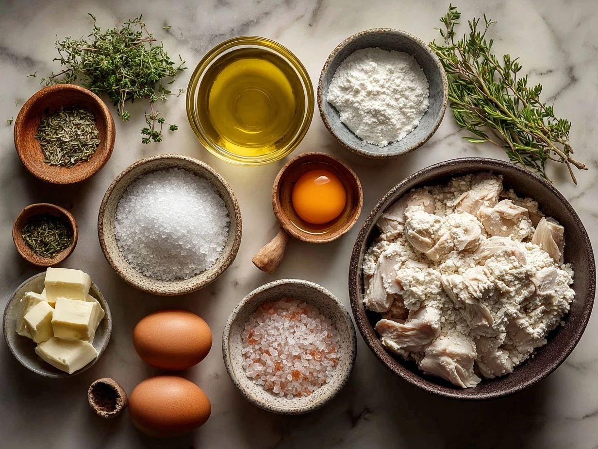 Ingredients for Chicken and Dumplings laid out including shredded chicken, flour, carrots, onions, and broth