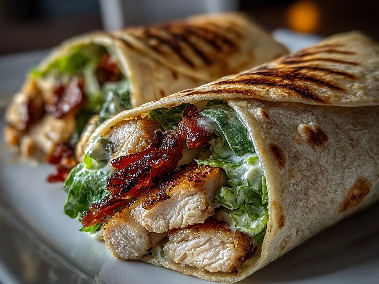 Finished Chicken Caesar Wrap sliced and ready to serve