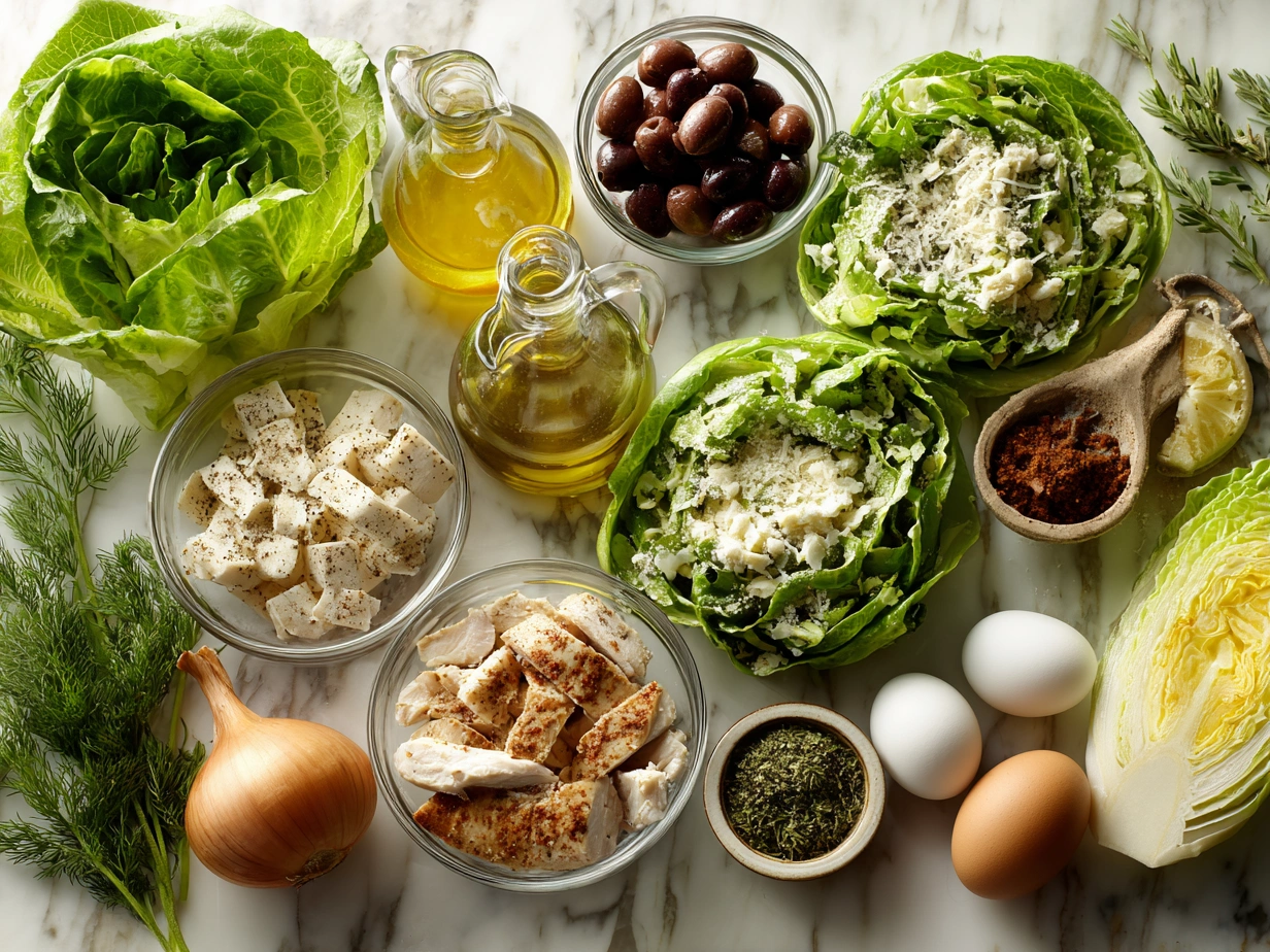 Ingredients for Chicken Caesar Wrap: grilled chicken, tortillas, romaine lettuce, Parmesan cheese, Caesar dressing, croutons, black pepper, olive oil