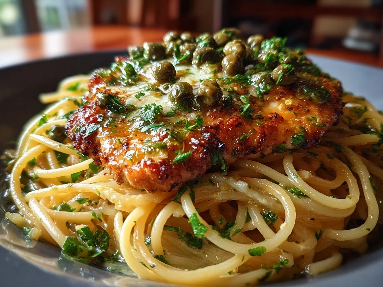 Finished dish of creamy Chicken Piccata Pasta garnished with fresh parsley and lemon wedges