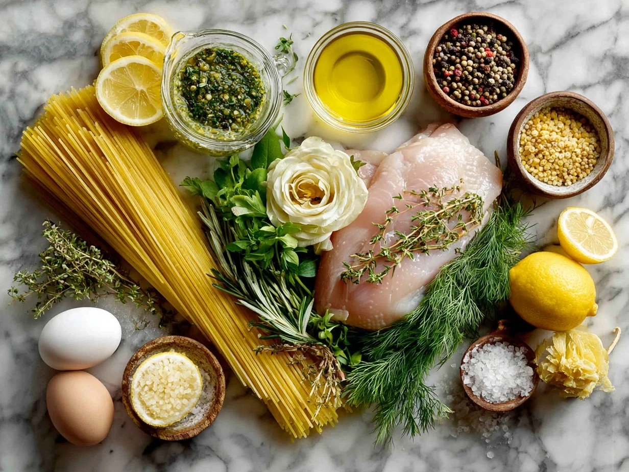 Ingredients for Chicken Piccata Pasta including chicken breasts, pasta, garlic, lemon, capers, and cream