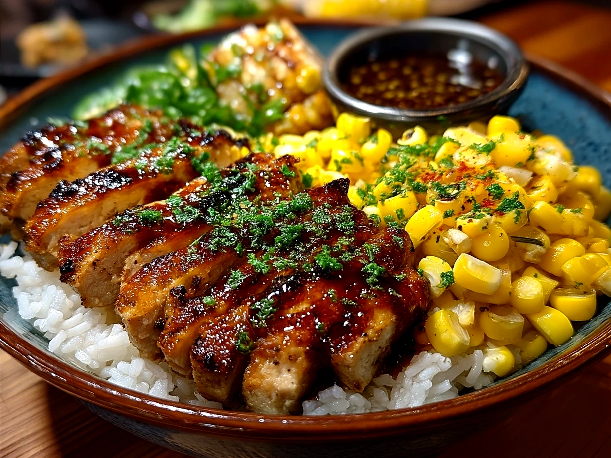 Serving Chicken Rice Bowl with Street Corn garnished with lime and cilantro