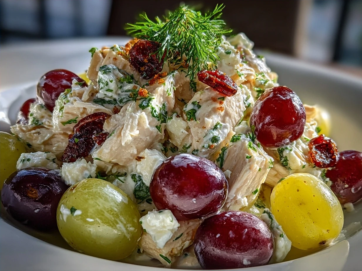 Final bowl of Chicken Salad Chick Grape Salad showing creamy texture with grapes and nuts