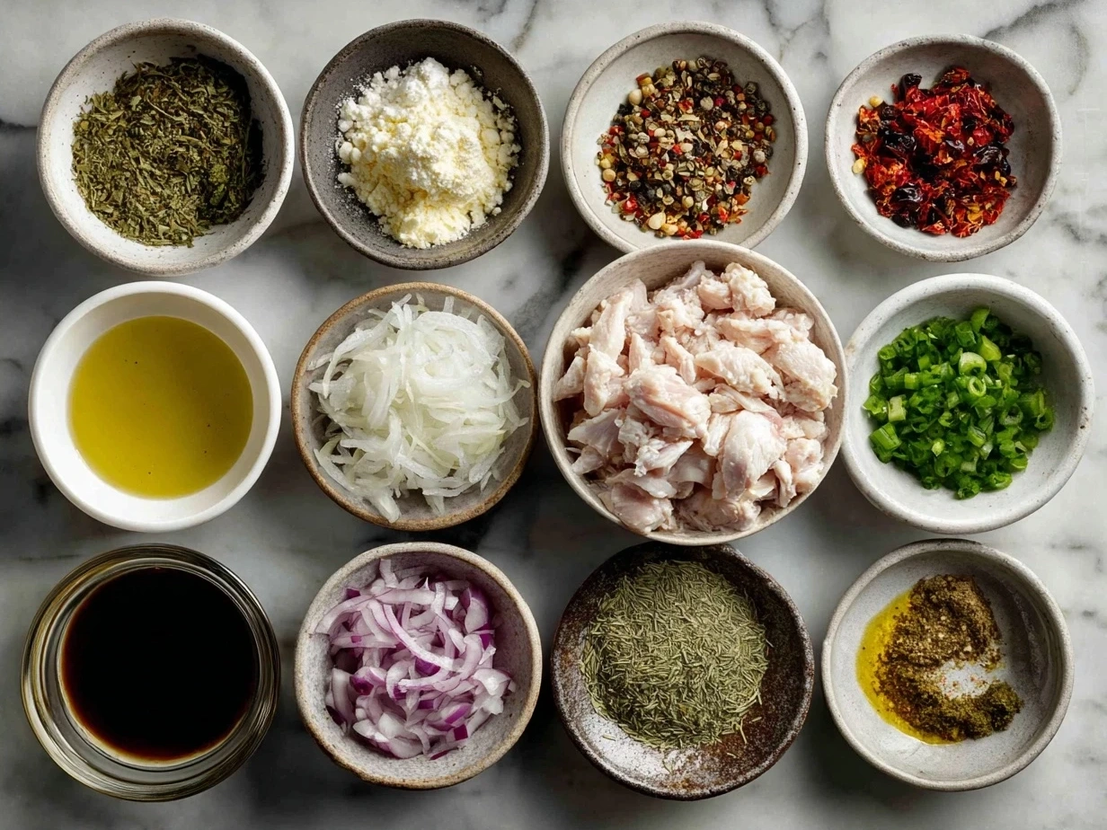 Ingredients for chicken shawarma recipe arranged on a wooden surface
