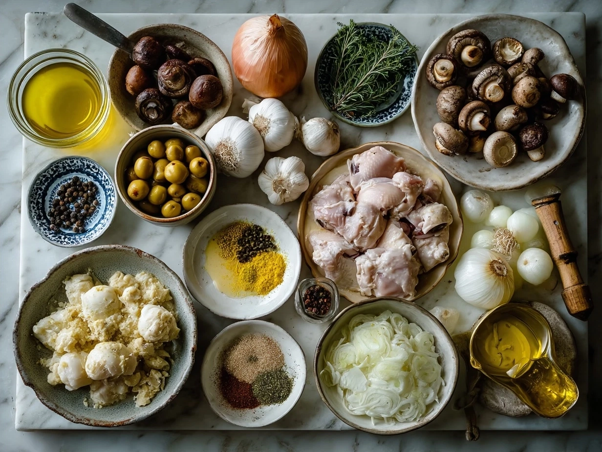 Ingredients for Chicken Stew laid out on a kitchen counter