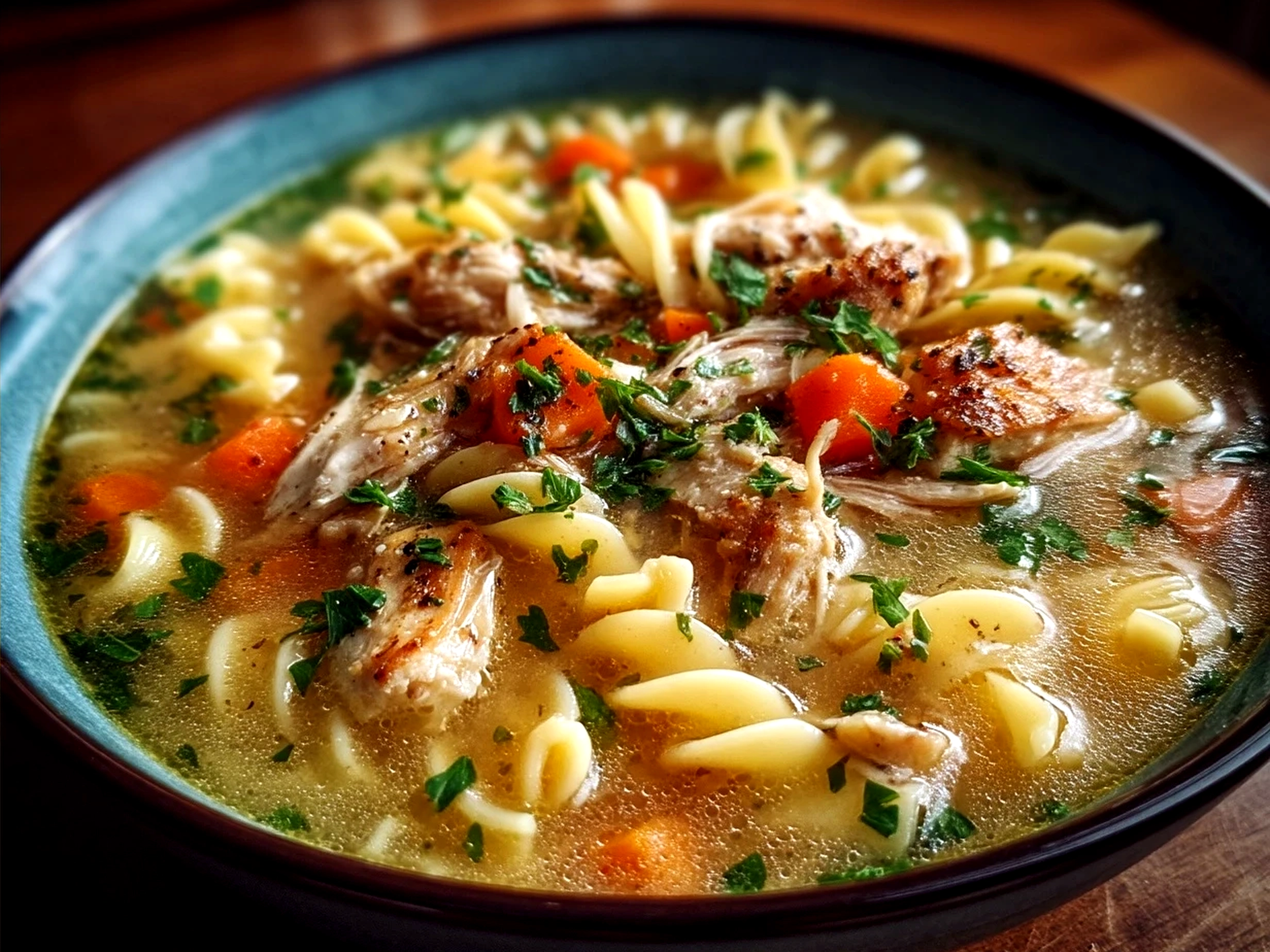 Served Chick Fil A Chicken Noodle Soup garnished with fresh parsley
