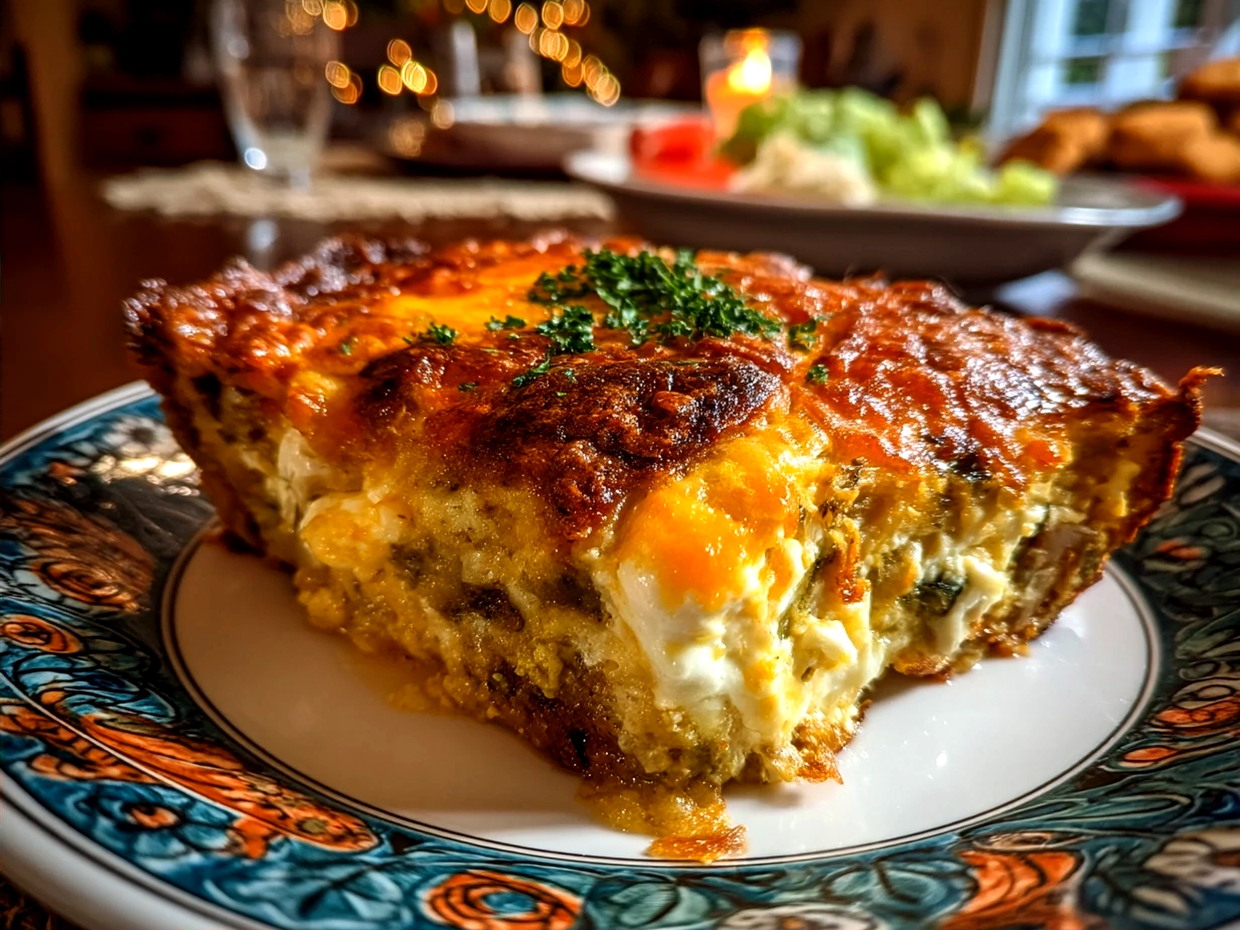 Served Chile Relleno Casserole with fresh garnishes and side dishes