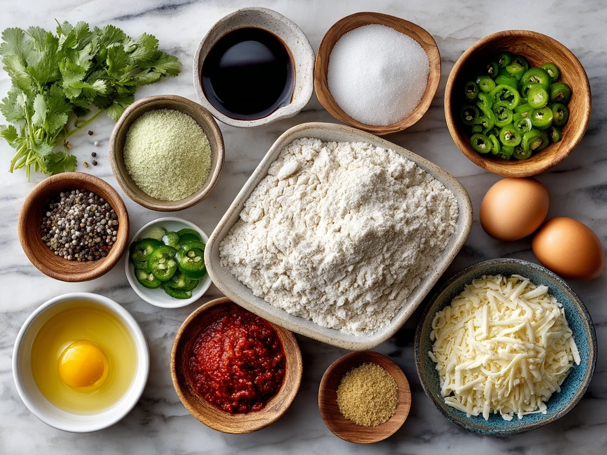 Ingredients needed for Chile Relleno Casserole including poblano peppers, shredded cheese, eggs, and spices