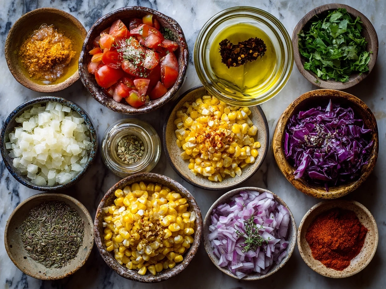 Ingredients for chipotle corn salsa including corn, chipotle peppers, red onion, jalapeño, cilantro, lime, cumin, paprika, salt, pepper, and olive oil