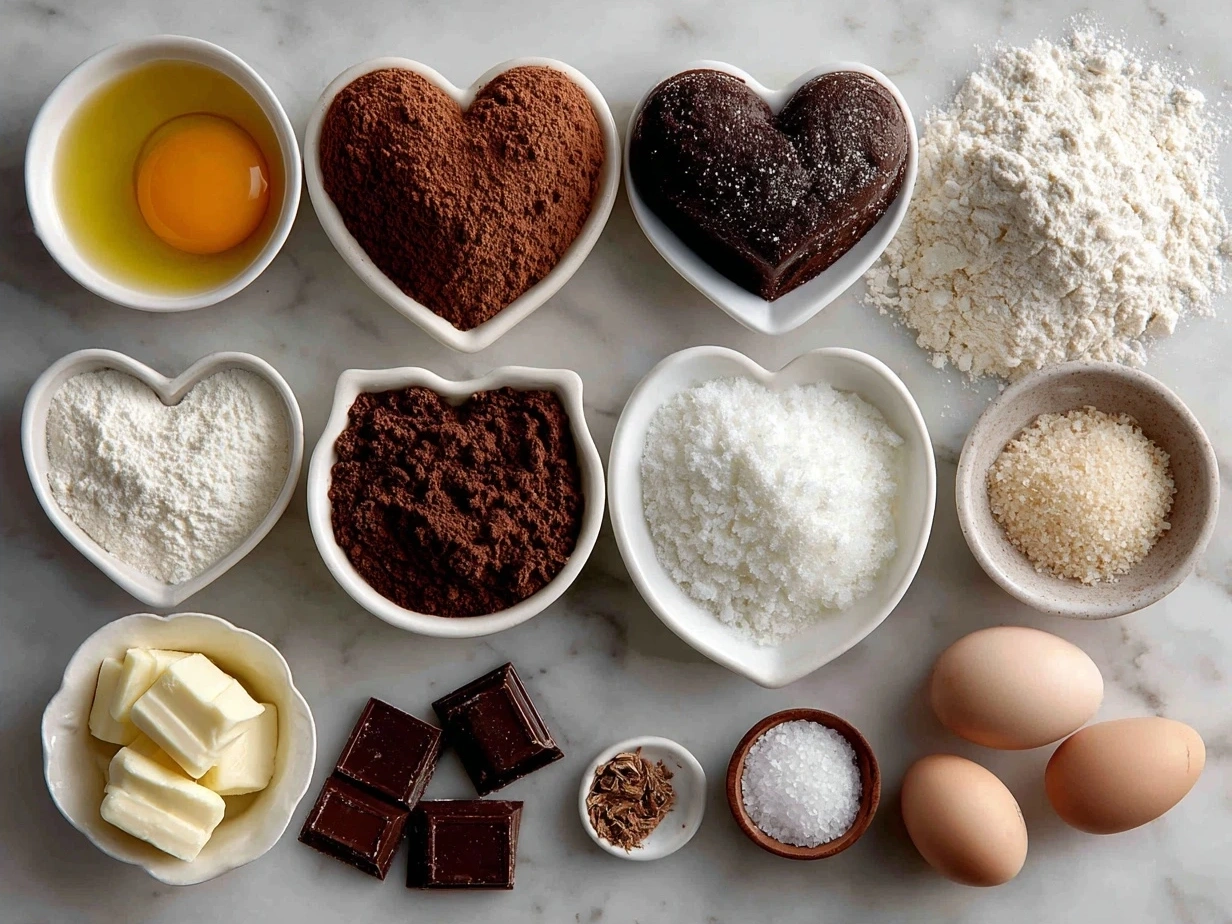 Ingredients for Chocolate Cut-Out Heart Cookies laid out on a kitchen counter