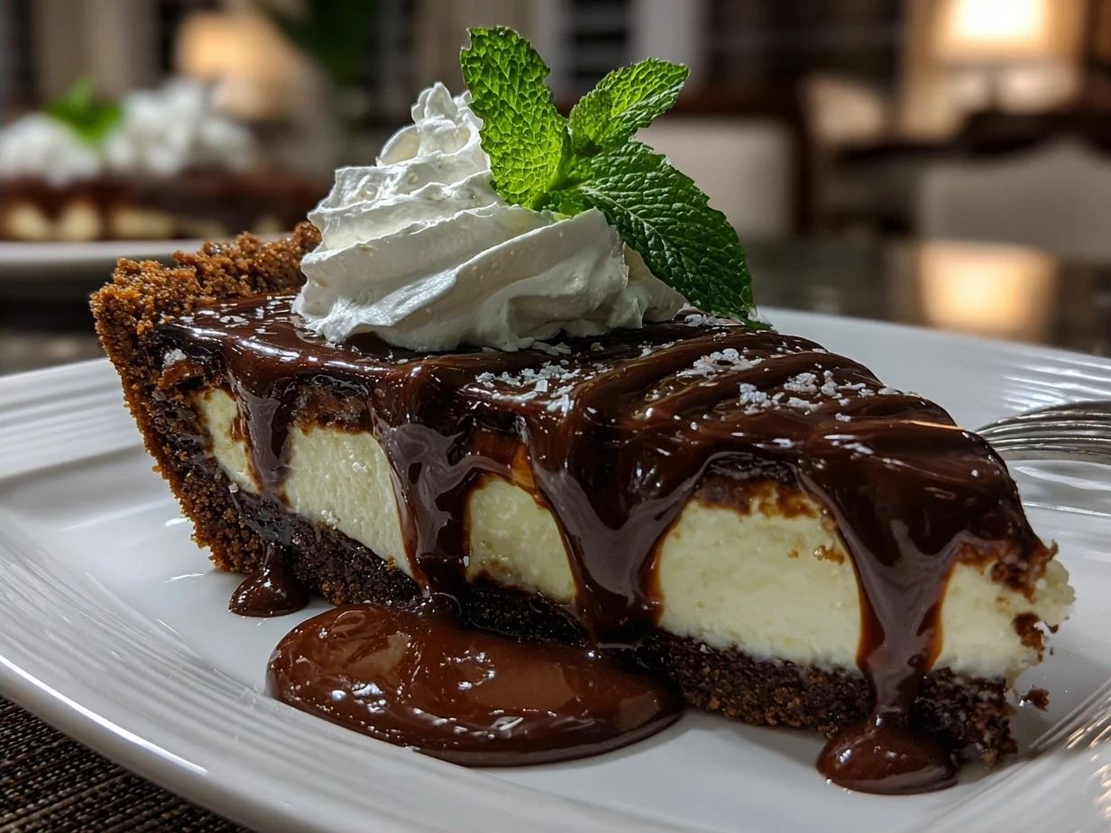Final Chocolate Mint Pie ready to be served with fresh mint garnish
