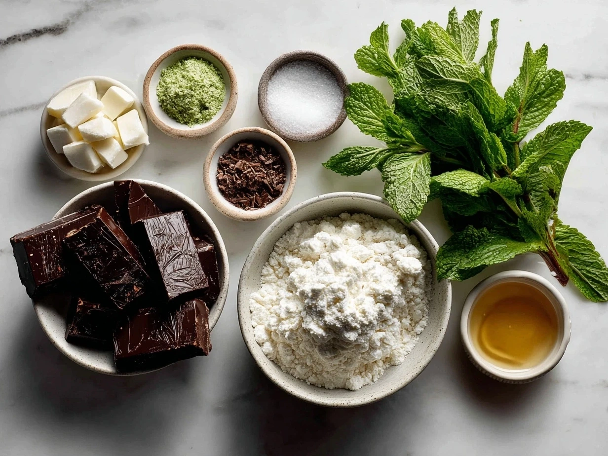 Ingredients for Chocolate Mint Pie spread on a surface