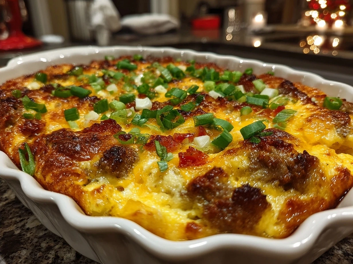 Finished Christmas Breakfast Casserole, golden and bubbly fresh from the oven