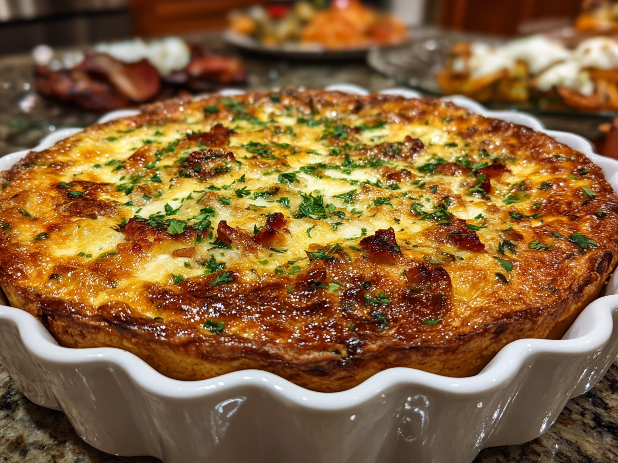 Christmas Morning Quiche served on a festive plate garnished with fresh herbs