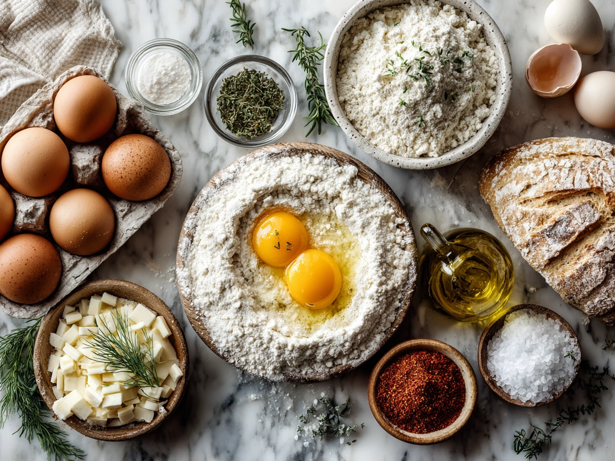 Ingredients for Christmas Morning Quiche laid out on a kitchen counter, including eggs, cheese, ham, and fresh spinach
