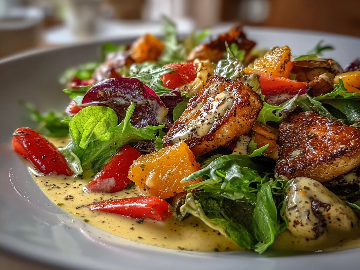 A beautifully plated Christmas Salad with Honey Mustard Dressing, showcasing the vibrant colors and textures of the ingredients.