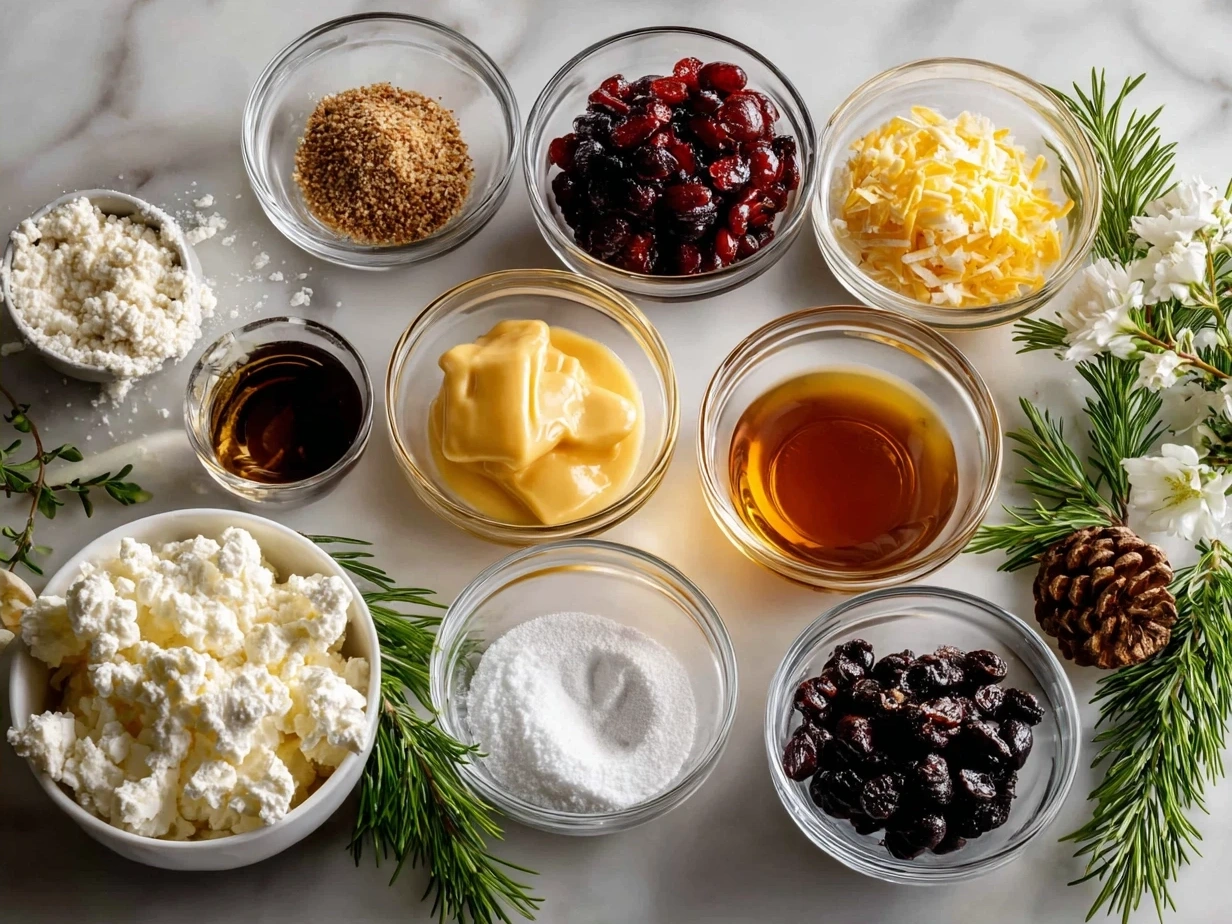 Ingredients for Christmas Salad with Honey Mustard Dressing including mixed greens, quinoa, cranberries, pecans, feta, olive oil, honey, Dijon mustard, and apple cider vinegar.