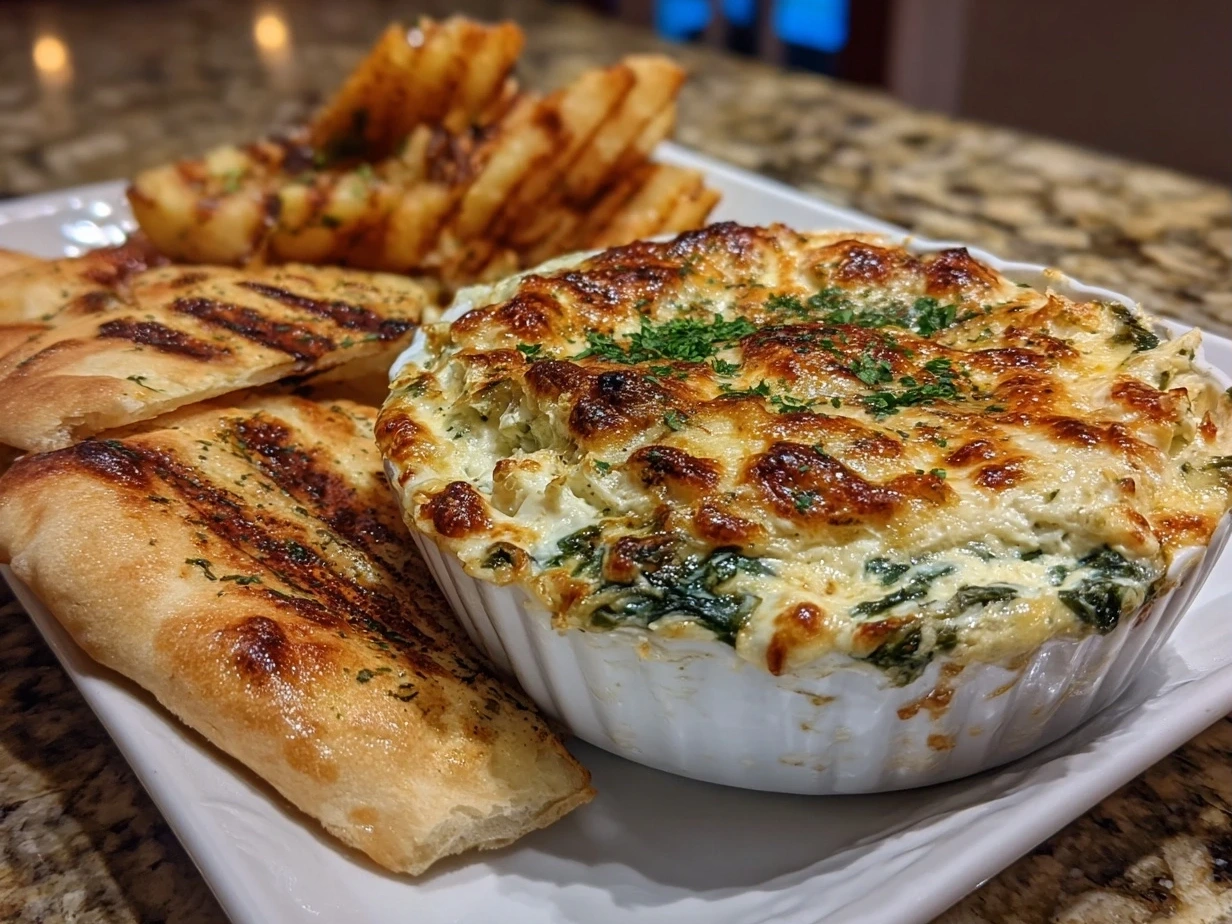 Close-up of delicious creamy spinach artichoke dip