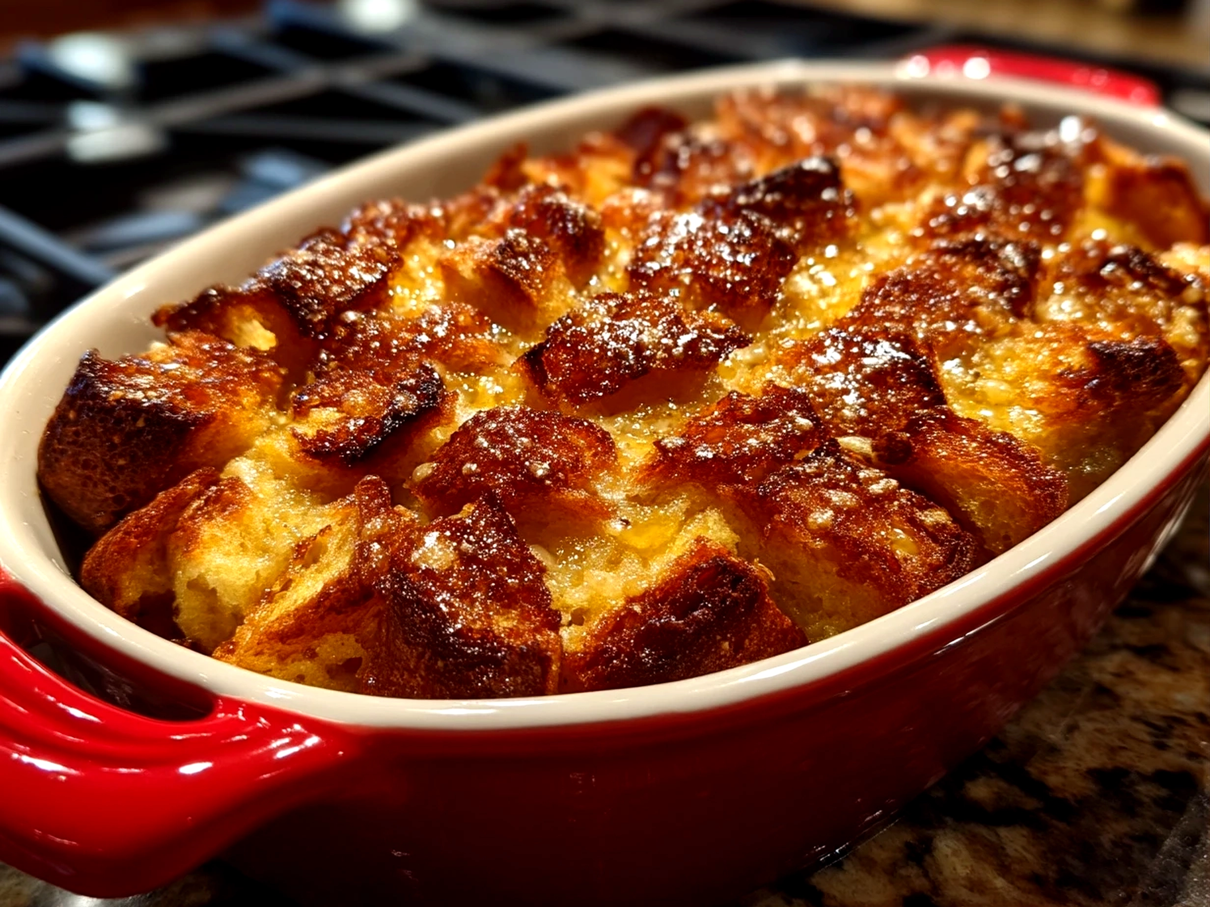Close up of freshly baked French Toast Casserole golden and ready to serve