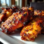 Close-up slight angle of freshly prepared spicy dry rub wings on white plate